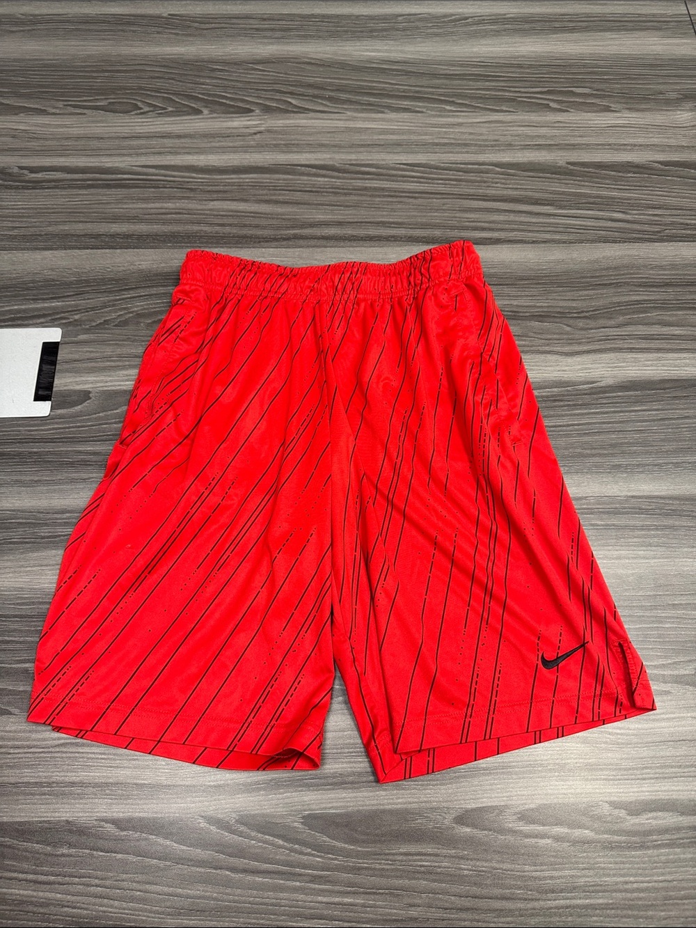 Nike Men’s Red Athletic Shorts with Black Swoosh and Diagonal Pinstripes